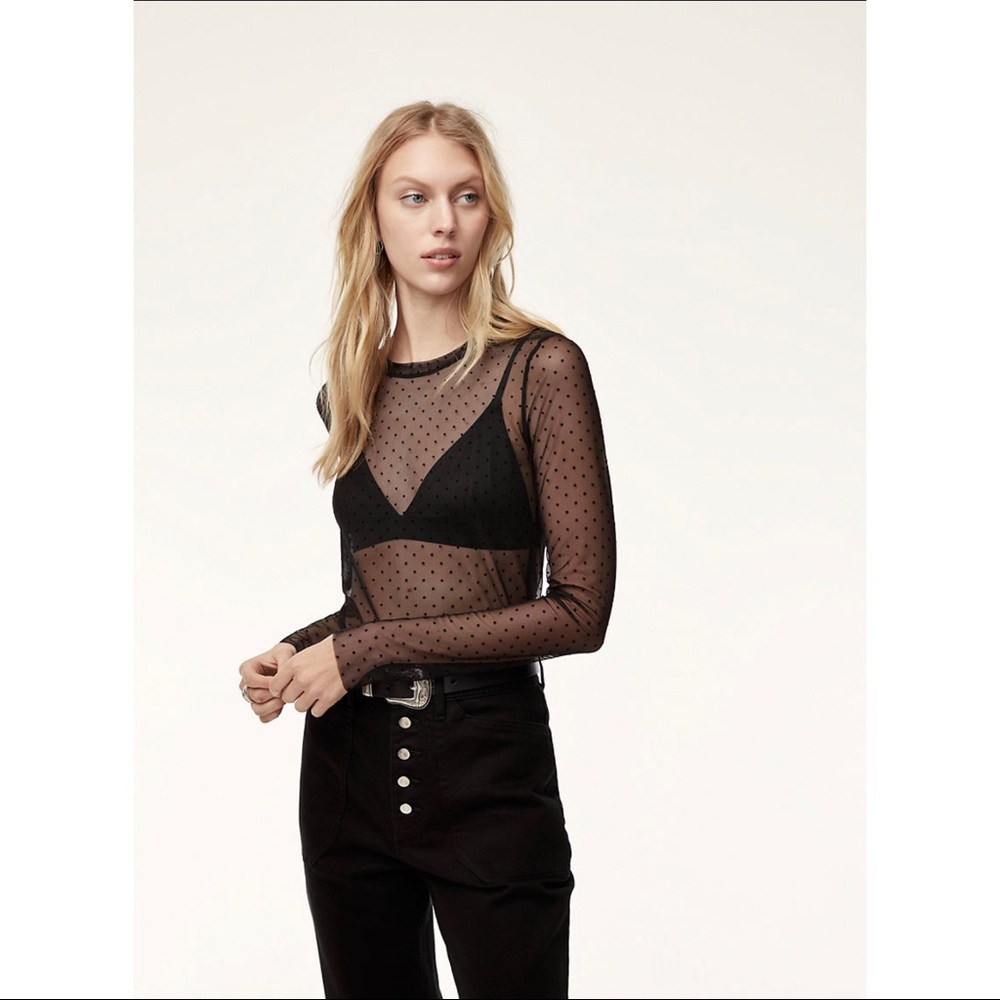Wilfred Black Sheer Polka Dot Long Sleeve Top